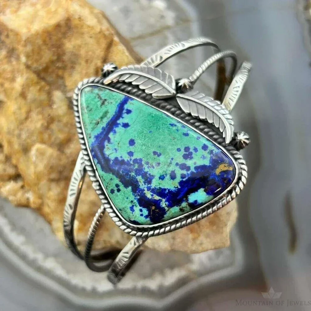 Sterling Southwestern Style Large Triangle Azurite Decorated Bracelet For Women